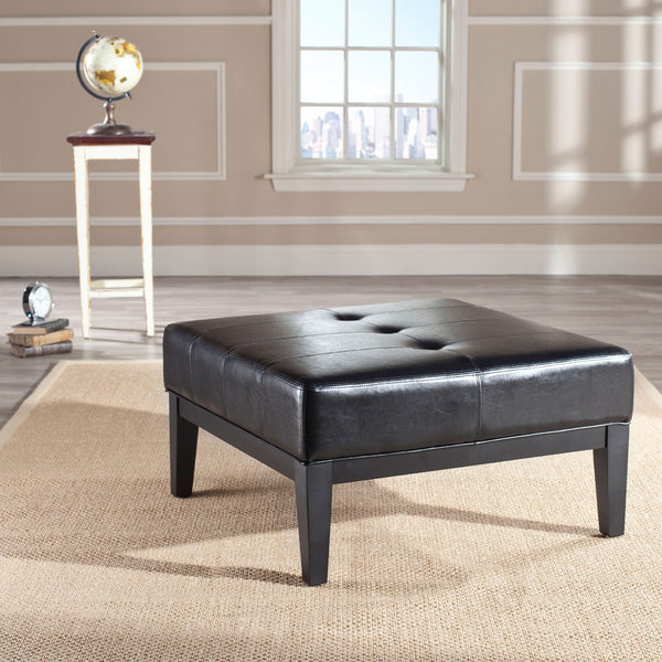 Safavieh Fulton Ottoman Small Squre Cocktail Black Wood Birch Bicast Leather HUD8238B 683726784777