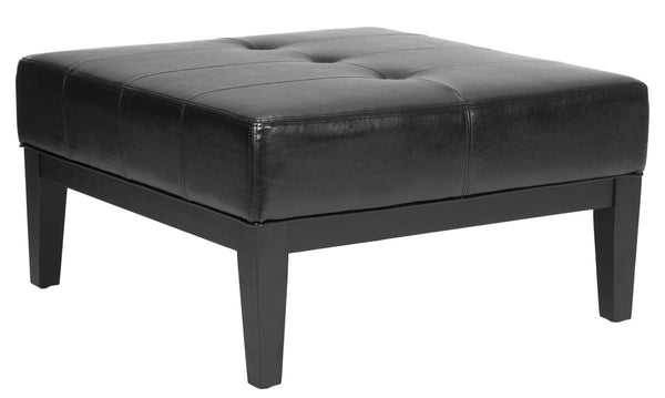 Safavieh Fulton Ottoman Small Squre Cocktail Black Wood Birch Bicast Leather HUD8238B 683726784777