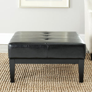 Safavieh Fulton Ottoman Small Squre Cocktail Black Wood Birch Bicast Leather HUD8238B 683726784777