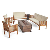 Carolina Outdoor 4 Piece Acacia Wood Conversational Set with Cushions and Fire Pit