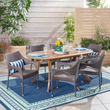 Silas Outdoor 7 Piece Acacia Wood and Wicker Dining Set, Teak with Multi Brown Chairs Noble House