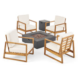Belgian Outdoor 4 Seater Chat Set with Fire Pit, Teak Finish, Beige, and Dark Gray Noble House