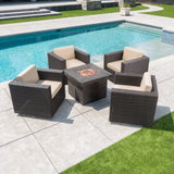 Puerta Outdoor 5 Piece Chat Set with Dark Brown Wicker Swivel Club Chairs with Beige Water Resistant Cushions and Brown Fire Pit Noble House