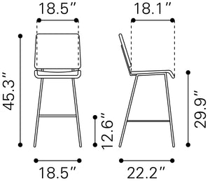 Zuo Modern Murcia Steel, Polyethylene Modern Commercial Grade Barstool Set - Set of 2 Natural, Black Steel, Polyethylene