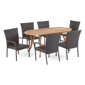 Jasper Outdoor 7 Piece Acacia Wood and Wicker Dining Set, Teak with Multi Brown Chairs Noble House