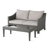 Antibes Outdoor Wicker Loveseat and Coffee Table with Cushions, Gray and Light Gray Noble House