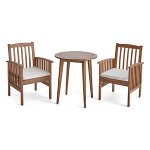 Casa Acacia Patio Dining Set, 2-Seater Bistro Set, 28" Round Table with Straight Legs, Teak Finish, Cream Outdoor Cushions Noble House