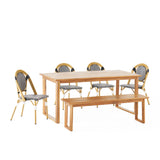 Pepple Outdoor Acacia Wood and Wicker 6 Piece Dining Set with Bench