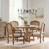 Noble House Ardyce French Country Upholstered Wood and Cane 5 Piece Circular Dining Set, Natural and Light Gray