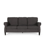 Burkehaven Contemporary Fabric 3 Seater Sofa with Nailhead Trim, Gray and Dark Brown Noble House