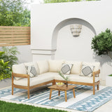 Brooklyn Outdoor Acacia Wood 5 Seater Sectional Sofa Chat Set with Cushions, Teak and Beige Noble House