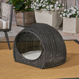 Rocky Outdoor Wicker Igloo Pet Bed with Cushion, Black and Beige Noble House