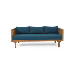 Claremont Outdoor 3 Seater Acacia Wood Daybed with Cushions, Teak and Dark Teal Noble House