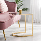 Biorn Modern Glam Handcrafted Glass Top C-Shaped Side Table, Black and Brass Noble House