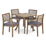 Casa Acacia Patio Dining Set, 4-Seater, 32" Square Table with Carved Legs, Gray Finish, Dark Gray Outdoor Cushions Noble House