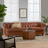 Litch Chesterfield Leather Tufted 3 Seater Sofa with Nailhead Trim, Cognac Brown and Brown Noble House