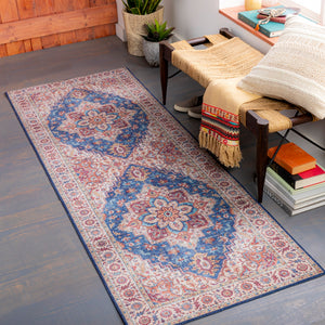 Iris IRS-2300 Traditional Polyester Rug IRS2300-2676 Navy, Ice Blue, Ivory, Bright Yellow, Wheat, Mauve, Dark Red, Burnt Orange 100% Polyester 2'6" x 7'6"