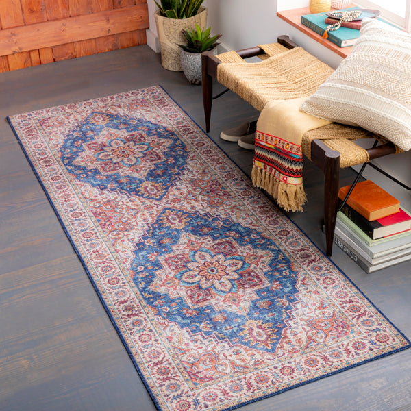 Iris IRS-2300 Traditional Polyester Rug IRS2300-2676 Navy, Ice Blue, Ivory, Bright Yellow, Wheat, Mauve, Dark Red, Burnt Orange 100% Polyester 2'6" x 7'6"