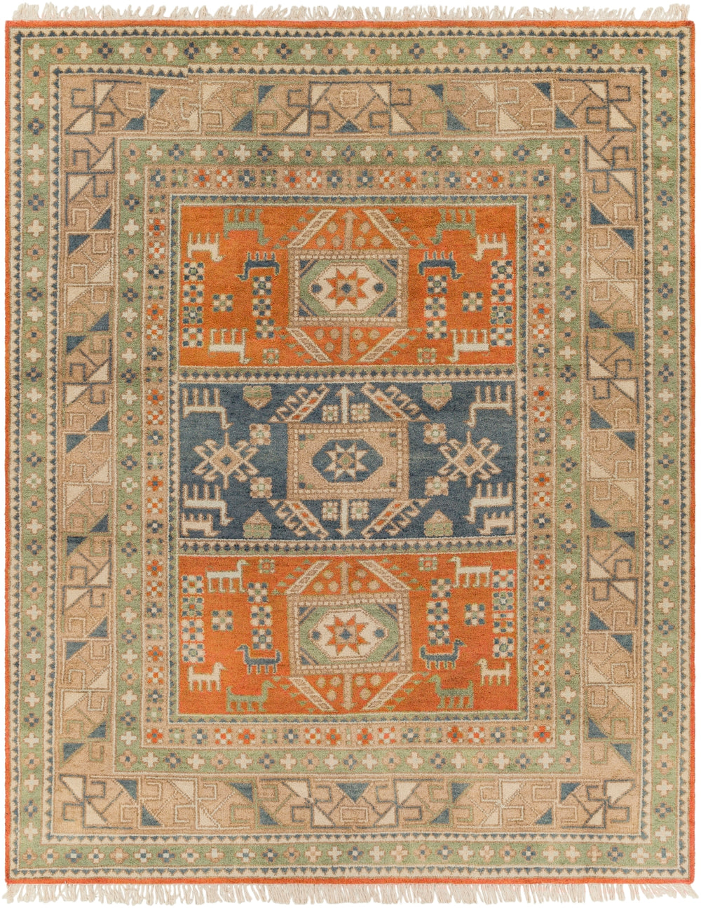 Isparta ISP-1001 Rustic Wool Rug ISP1001-912 Burnt Orange, Navy, Denim, Dark Brown, Cream, Sage, Grass Green 100% Wool 9' x 12'