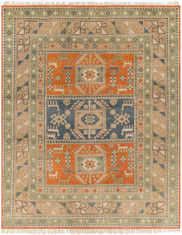 Isparta ISP-1001 Rustic Wool Rug ISP1001-810 Burnt Orange, Navy, Denim, Dark Brown, Cream, Sage, Grass Green 100% Wool 8' x 10'