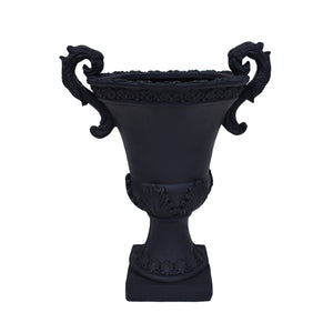 Delphine Outdoor Traditional Roman Chalice Garden Urn Planter with Frond Accents, Black Noble House