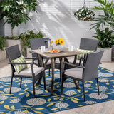 Ferris Outdoor 5 Piece Wood and Wicker Square Dining Set, Gray and Gray Noble House