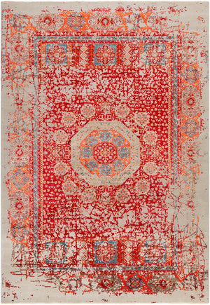 Ivorine IVR-1000 Traditional NZ Wool, Viscose Rug IVR1000-913 Bright Red, Bright Orange, Taupe, Teal, Dark Brown, Ivory, Mustard 50% NZ Wool, 50% Viscose 9' x 13'