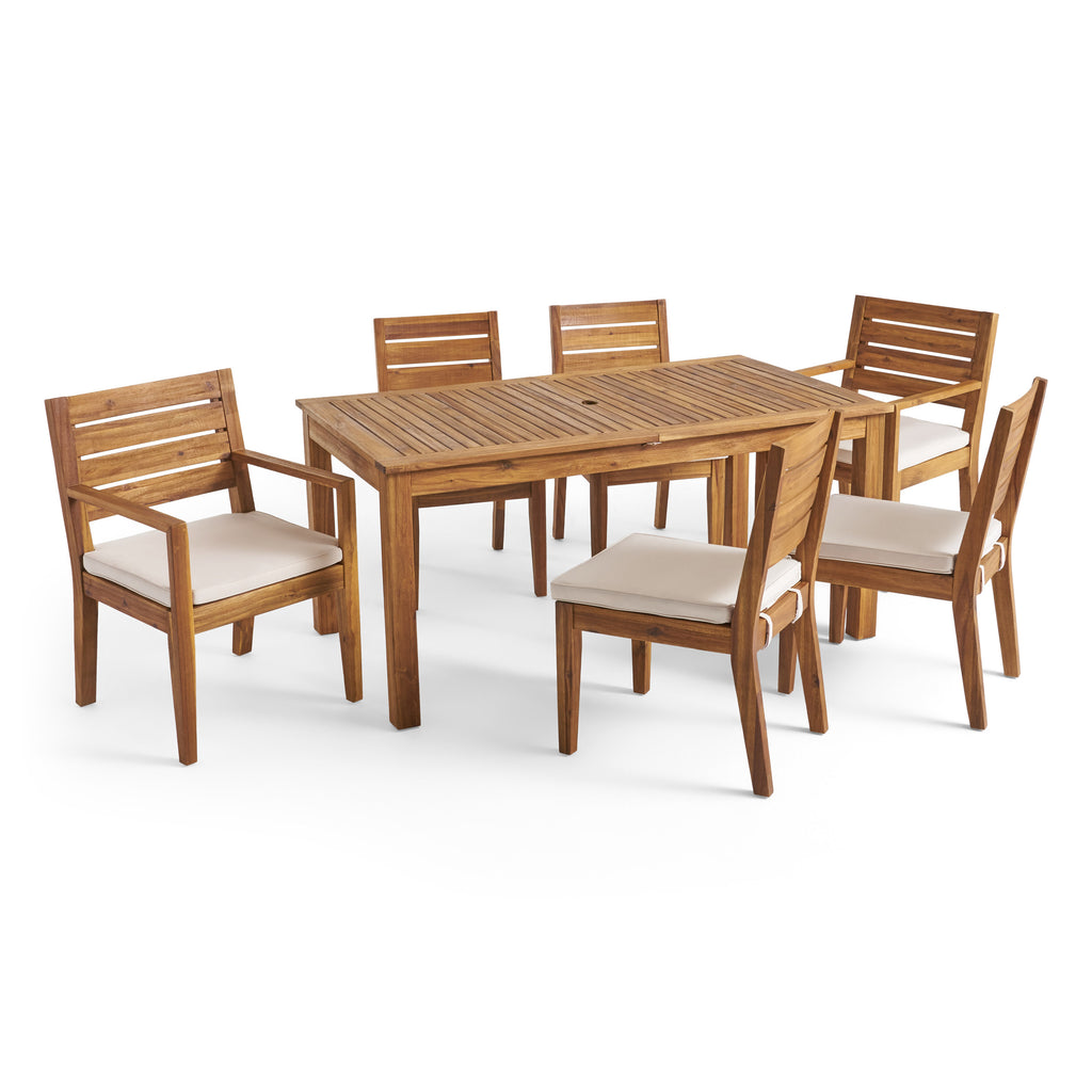 Noble House Nestor Outdoor 6-Seater Acacia Wood Expandable Dining Set, Sandblast Natural and Cream