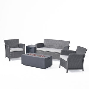 Noble House St. Lucia Outdoor 4 Seater Wicker Chat Set with Fire Pit, Gray and Dark Gray