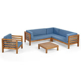 Oana Outdoor 6 Seater Acacia Wood Sectional Sofa and Club Chair Set, Teak Finish and Blue Noble House