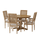 Noble House Mores French Country Upholstered Wood and Cane 5 Piece Circular Dining Set, Natural and Beige