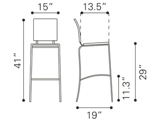 Zuo Modern Criss 100% Polyurethane, Steel Modern Commercial Grade Barstool Set - Set of 2 White, Chrome 100% Polyurethane, Steel
