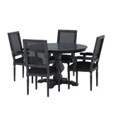 Noble House Mores French Country Upholstered Wood and Cane 5 Piece Circular Dining Set, Gray and Black