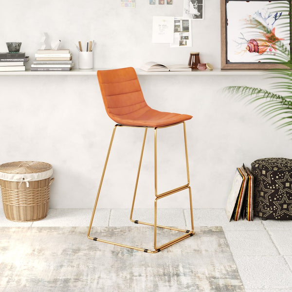 Zuo Modern Adele 100% Polyester, Plywood, Steel Modern Commercial Grade Barstool Set - Set of 2 Orange, Gold 100% Polyester, Plywood, Steel
