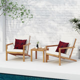 Noble House Leah Outdoor Acacia Wood 3 Piece Chat Set with Cushions, Teak and Cream