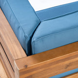 Oana Outdoor Modular Acacia Wood Sofa with Cushions, Teak and Blue Noble House