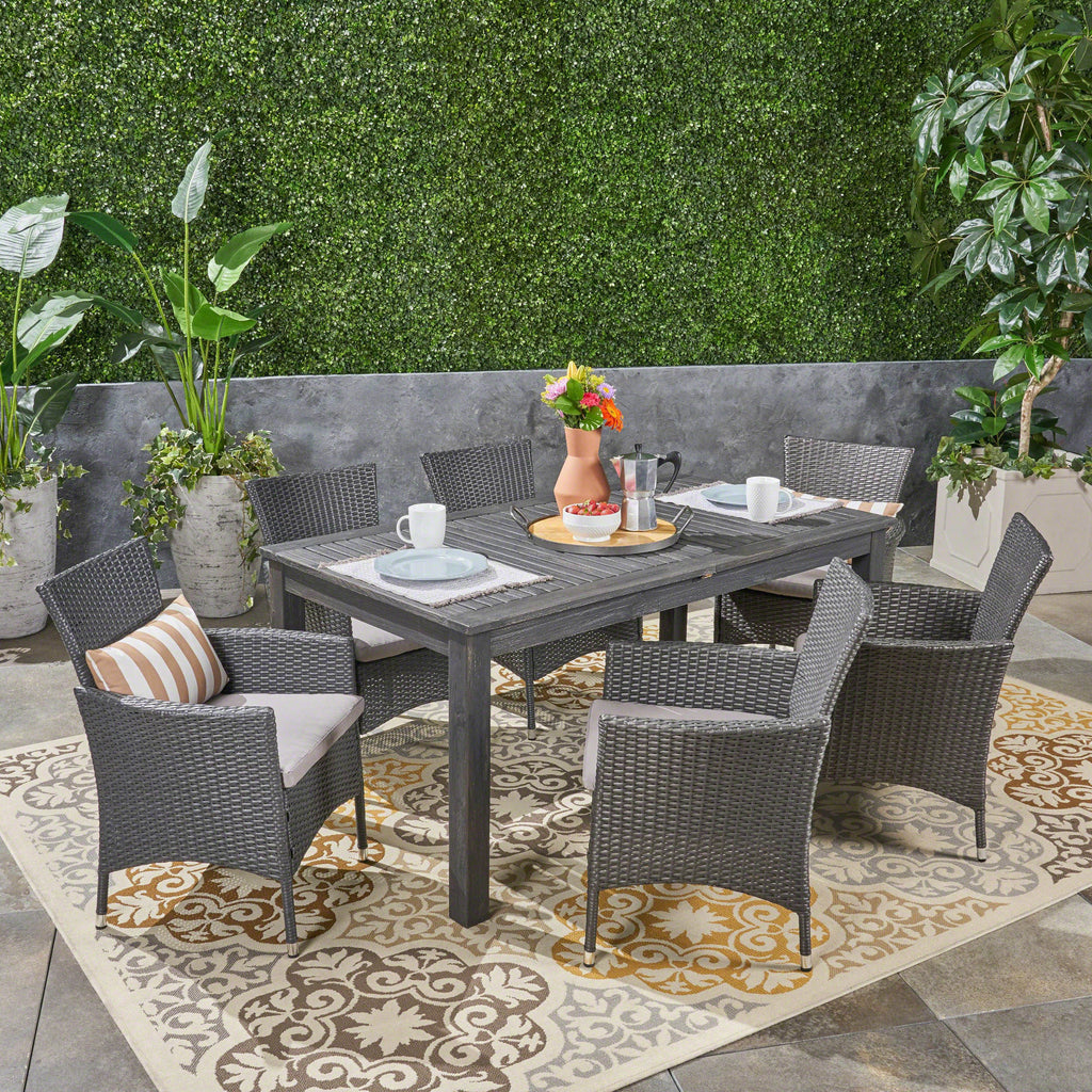 Nadia Outdoor 7 Piece Wood and Wicker Expandable Dining Set, Sandblast Dark Gray and Gray and Silver Noble House
