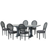 Noble House Aquilla French Country Wood and Cane 7-Piece Expandable Dining Set, Gray