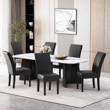 Pollards Contemporary Upholstered Dining Chairs (Set of 6), Midnight Black Faux Leather and Espresso Noble House