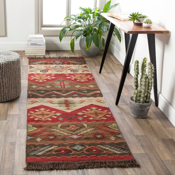 Jewel Tone JT-8 Rustic Wool Rug JT8-28 Khaki, Dark Red, Dark Brown, Rose, Sage 100% Wool 2' x 8'