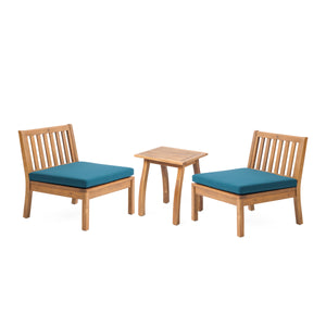 Yadira Outdoor Acacia Wood Chat Set with Side Table, Teak and Dark Teal Noble House