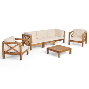 Noble House Brava Outdoor 5 Seater Acacia Wood Sofa Chat Set, Teak Finish and Beige