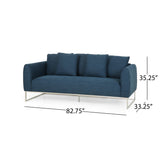 Canisbay Modern Fabric 3 Seater Sofa, Navy Blue and Silver Noble House
