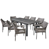 Damon Outdoor 9 Piece Wood and Wicker Expandable Dining Set, Sandblast Dark Gray and Gray Noble House