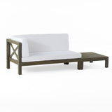 Brava Outdoor Acacia Wood Left Arm Loveseat and Coffee Table Set with Cushion, Gray and White Noble House