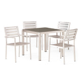 Noble House Cape Coral Outdoor Modern 4 Seater Aluminum Dining Set with Wicker Table Top, Silver and Gray