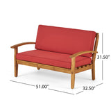 Peyton Outdoor Teak Finished Acacia Wood Loveseat and Coffee Table Set with Red Water Resistant Cushions Noble House