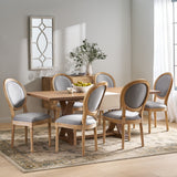 Noble House Derring French Country Fabric Upholstered Wood 7 Piece Dining Set, Light Gray and Natural