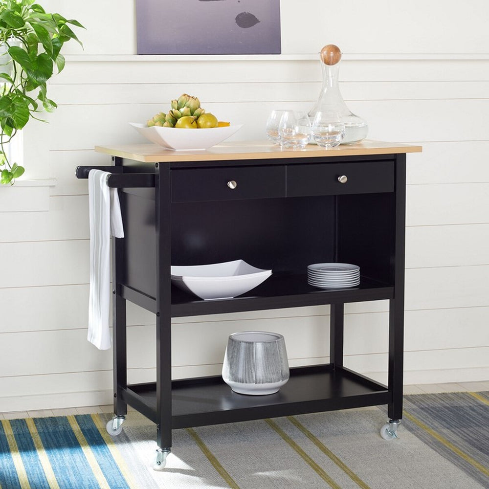 Daley 2 Drawer 2 Shelf Kitchen Cart Natural / Matte Black Wood KCH1402A