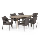 Fayette Outdoor 7 Piece Acacia Wood Dining Set with Stacking Wicker Chairs